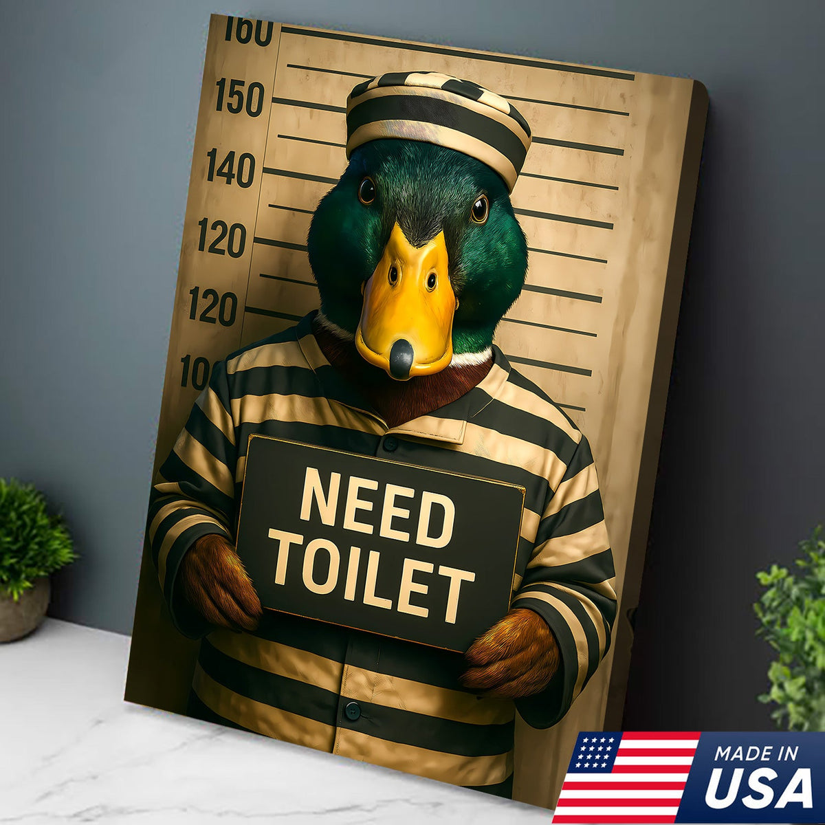 Funny Duck Mugshot Canvas – Bathroom Wall Art for Men, Toilet Humor Decor, Gag Gift Idea