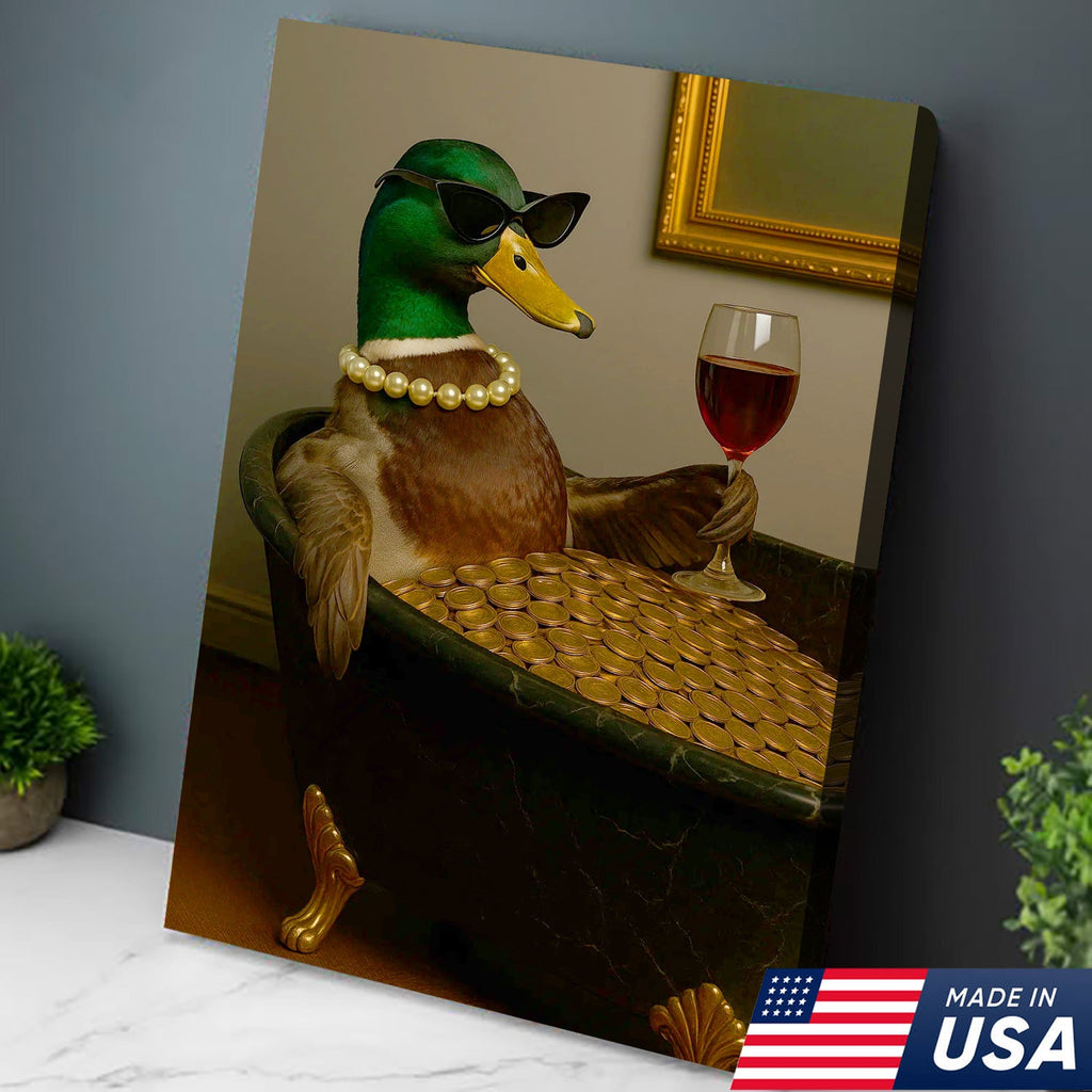 Luxury Duck Canvas Art – Funny Rich Duck in Gold Bathtub, Glam Animal Portrait Wall Decor