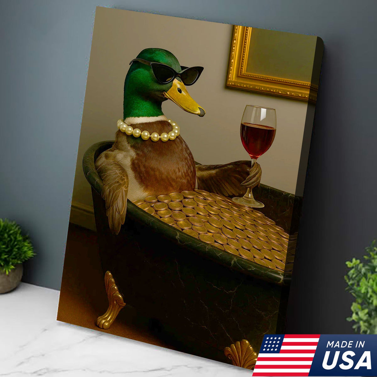 Luxury Duck Canvas Art – Funny Rich Duck in Gold Bathtub, Glam Animal Portrait Wall Decor