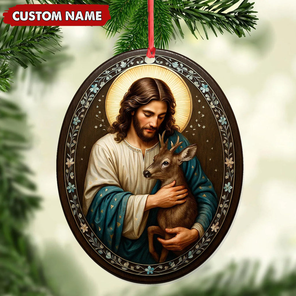 Custom Jesus Holding Deer Christmas Ornament, Personalized Name Christian Tree Decoration, Religious Woodland Gift for Faith Family