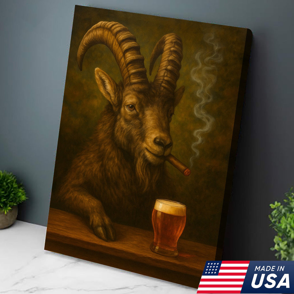 Funny Mountain Goat Smoking & Beer Canvas Wall Art - Hunting Perfect Gift for Hunters