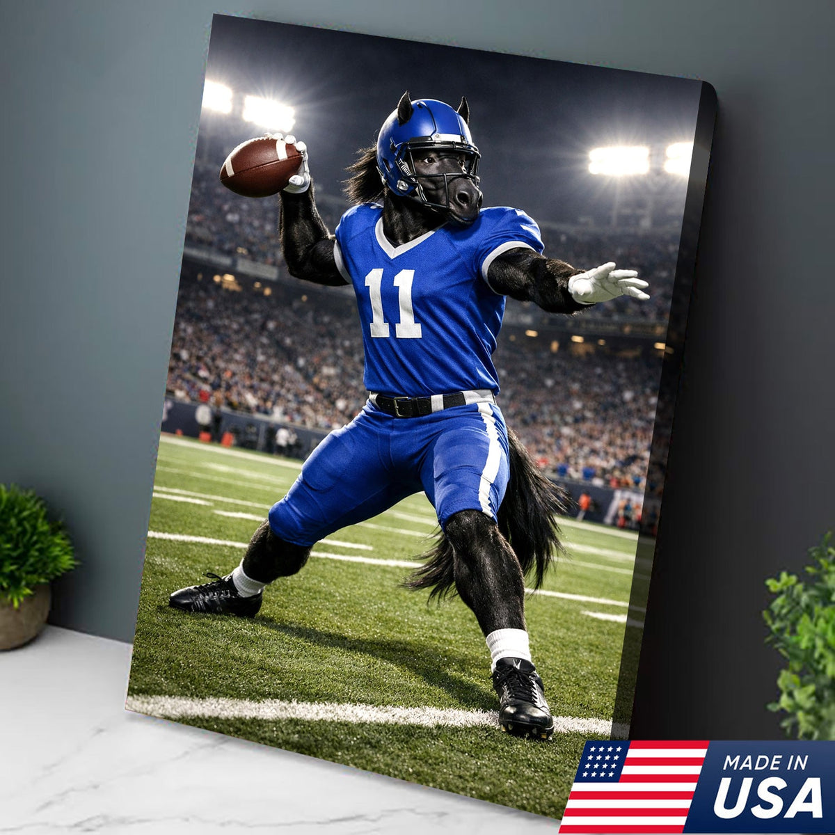 Power Stallion Quarterback Canvas Wall Art – Blue Uniform Horse Athlete Action Print