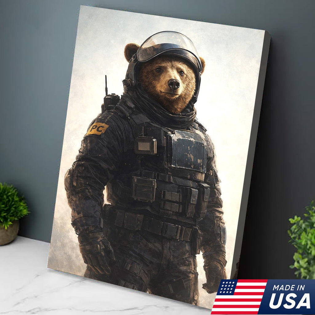 Tactical Bear Soldier Canvas Wall Art – Realistic Military Animal Print