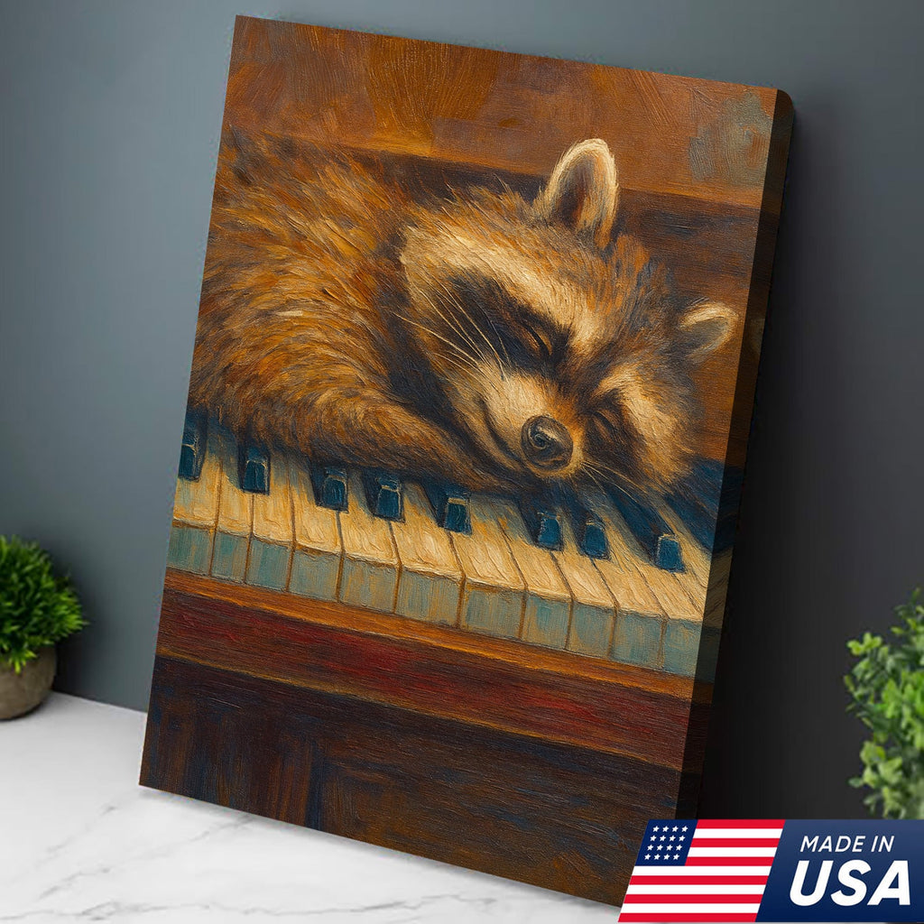 Sleeping Raccoon Wall Art Canvas - Cozy Animal Wall Decor, Cute Raccoon Painting