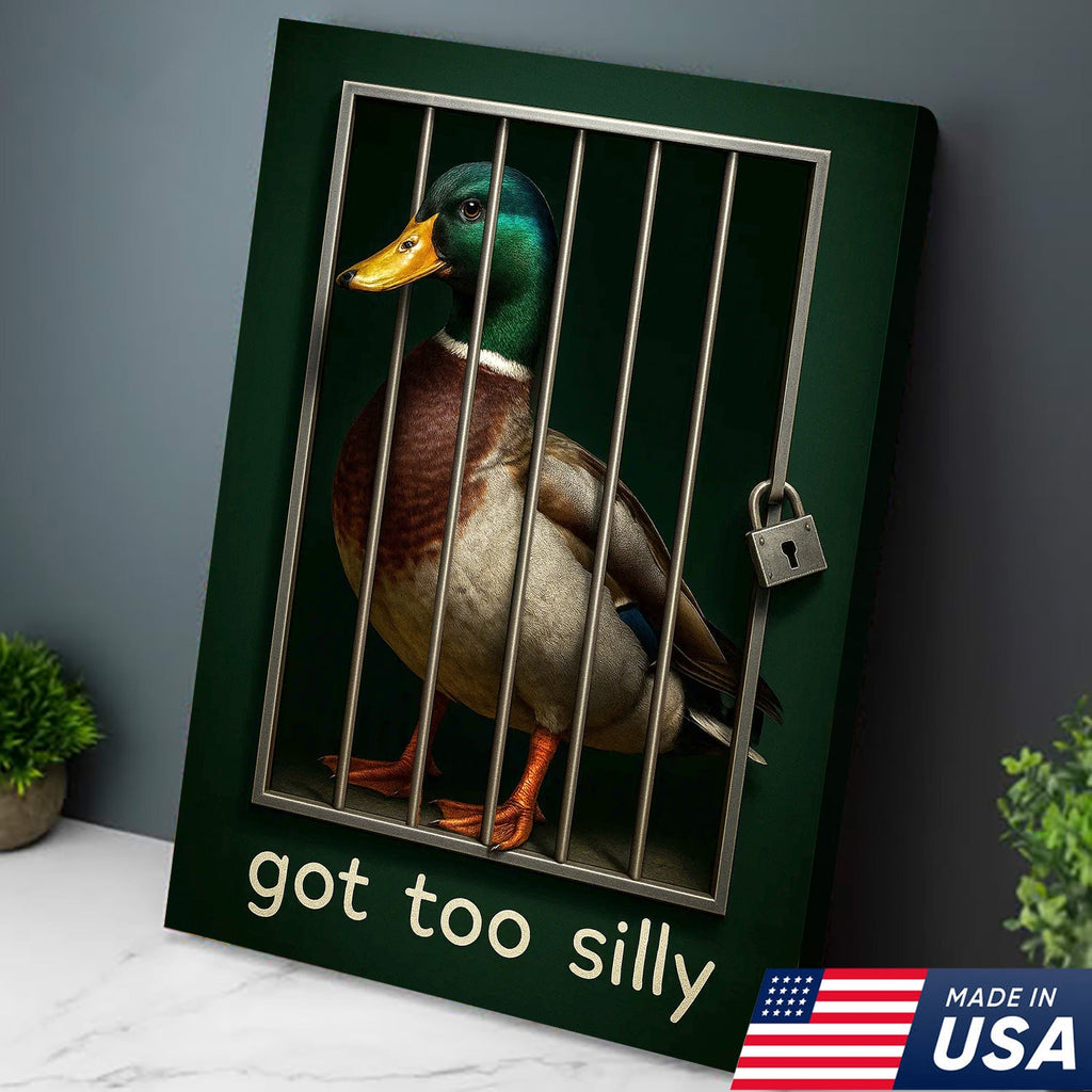 Silly Duck Canvas Wall Art – Funny Mallard Jail Print – Unique Rustic Cabin or Bathroom Decor