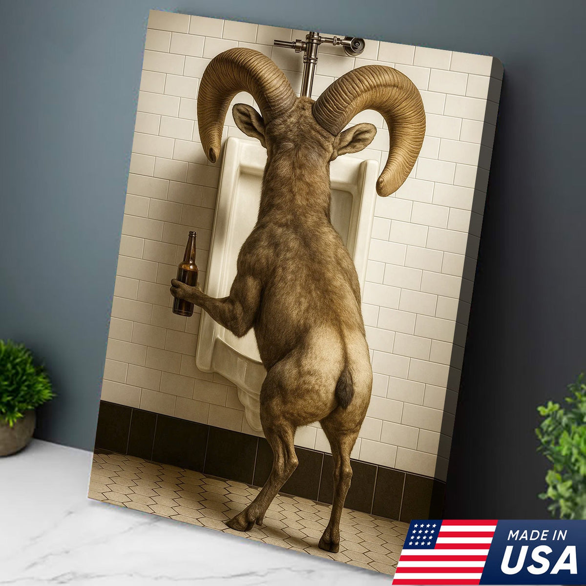 Humorous Big Horn Sheep Canvas Wall Art - Rustic Lodge Bathroom Decor for Cabin and Farmhouse
