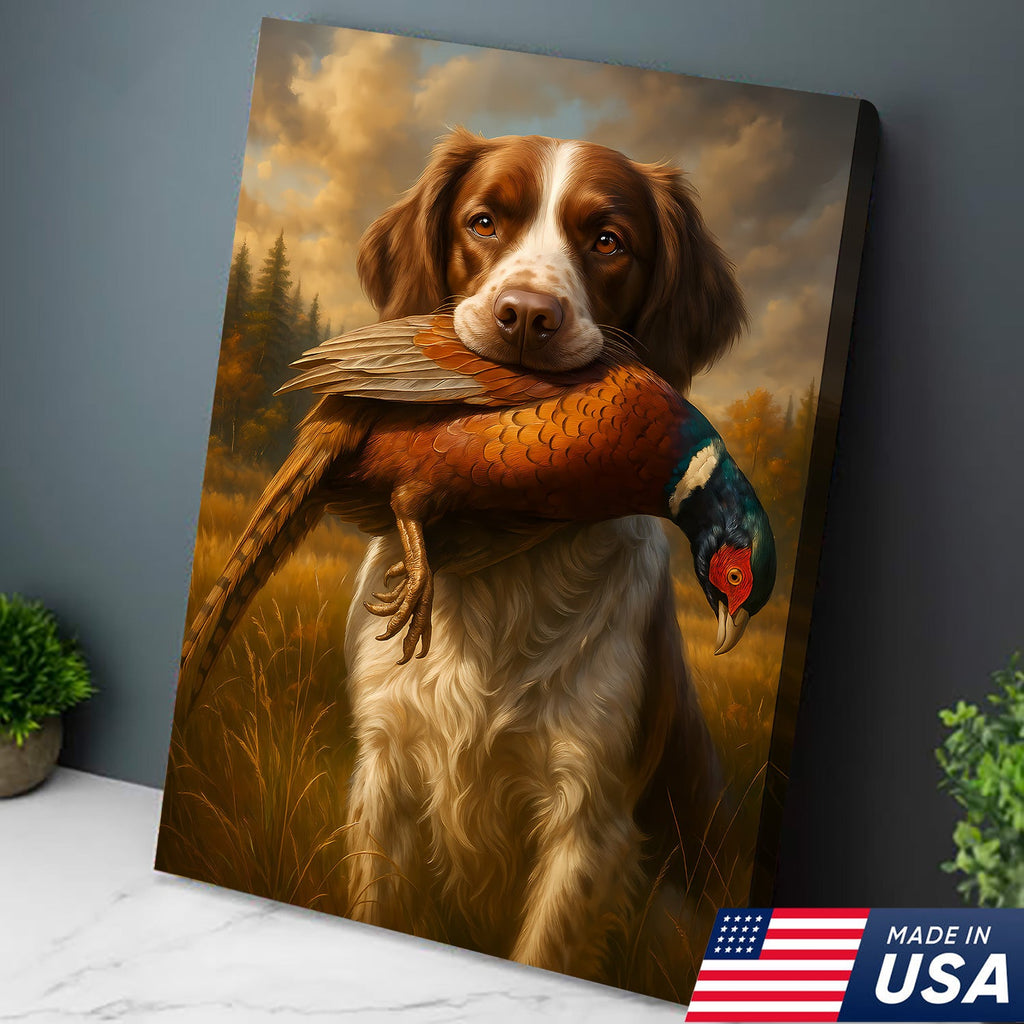 Upland Hunting Dog Canvas Wall Art – Brittany with Pheasant, Rustic Cabin Decor