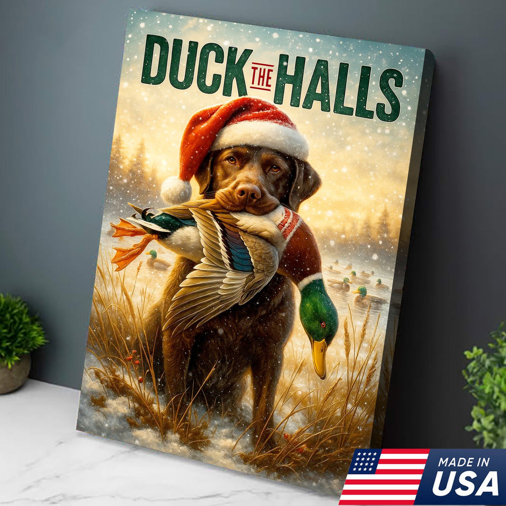 Duck The Halls Christmas Hunting Dog Canvas Art, Funny Holiday Wall Decor for Hunters