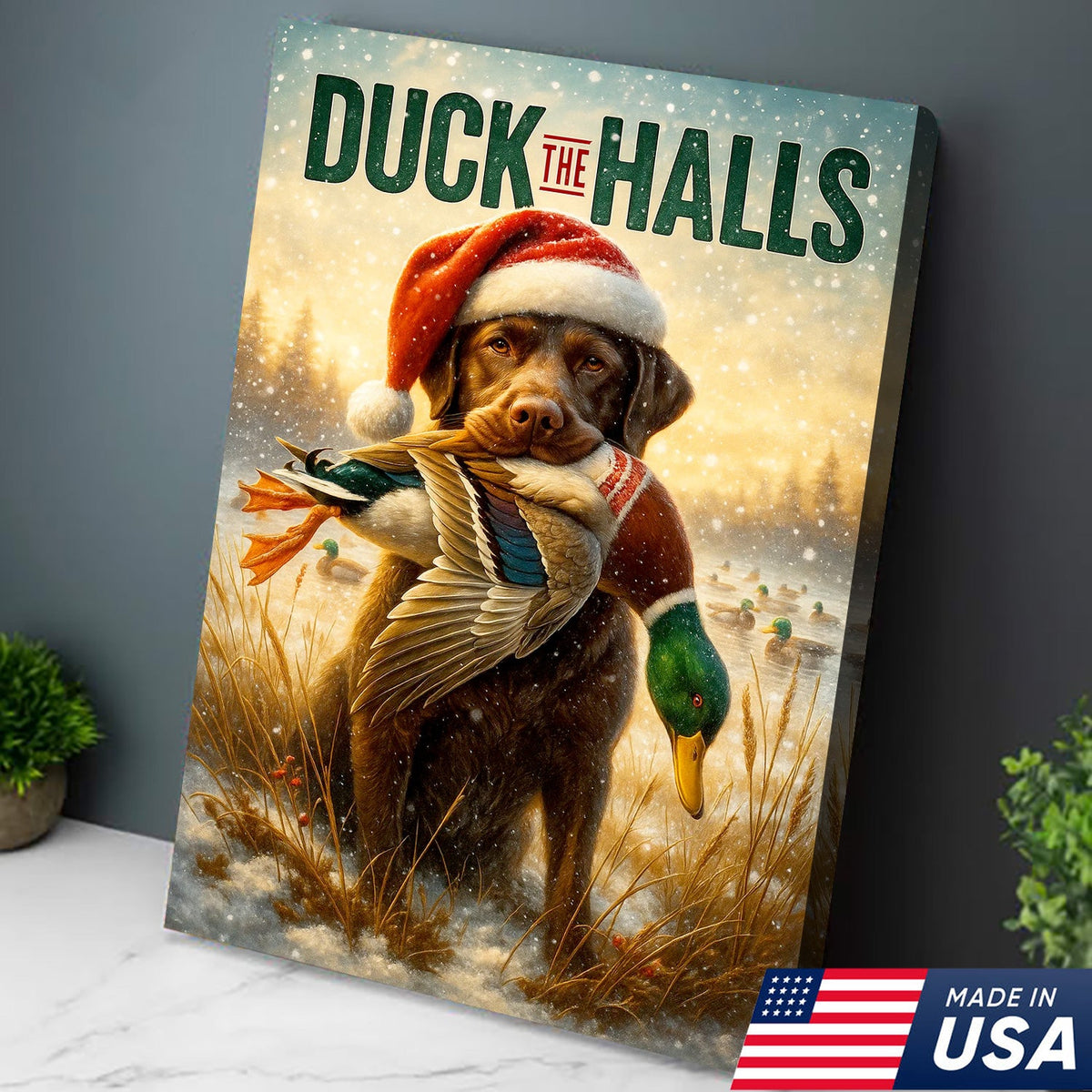 Duck The Halls Christmas Hunting Dog Canvas Art, Funny Holiday Wall Decor for Hunters
