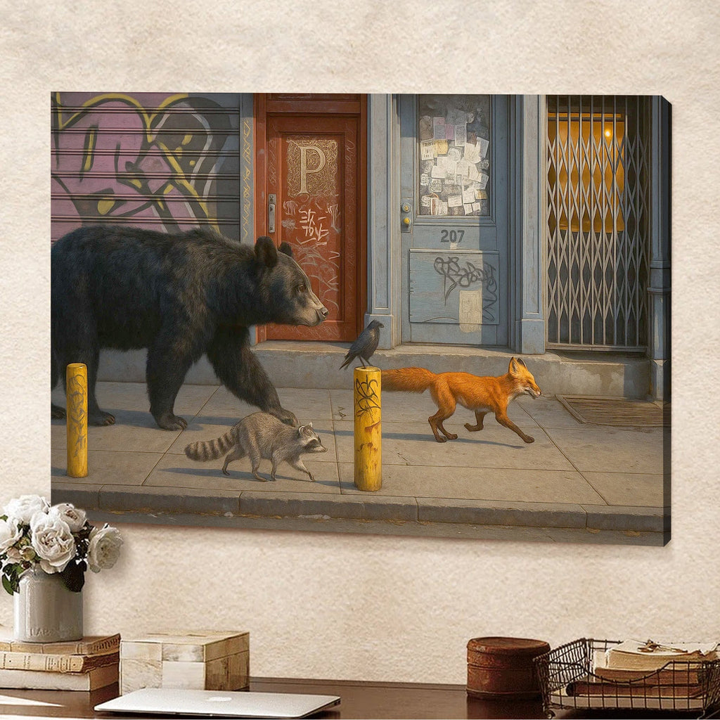Urban Wildlife Parade Canvas Wall Art, Bear Fox Raccoon Crow Street Scene, Graffiti City Decor