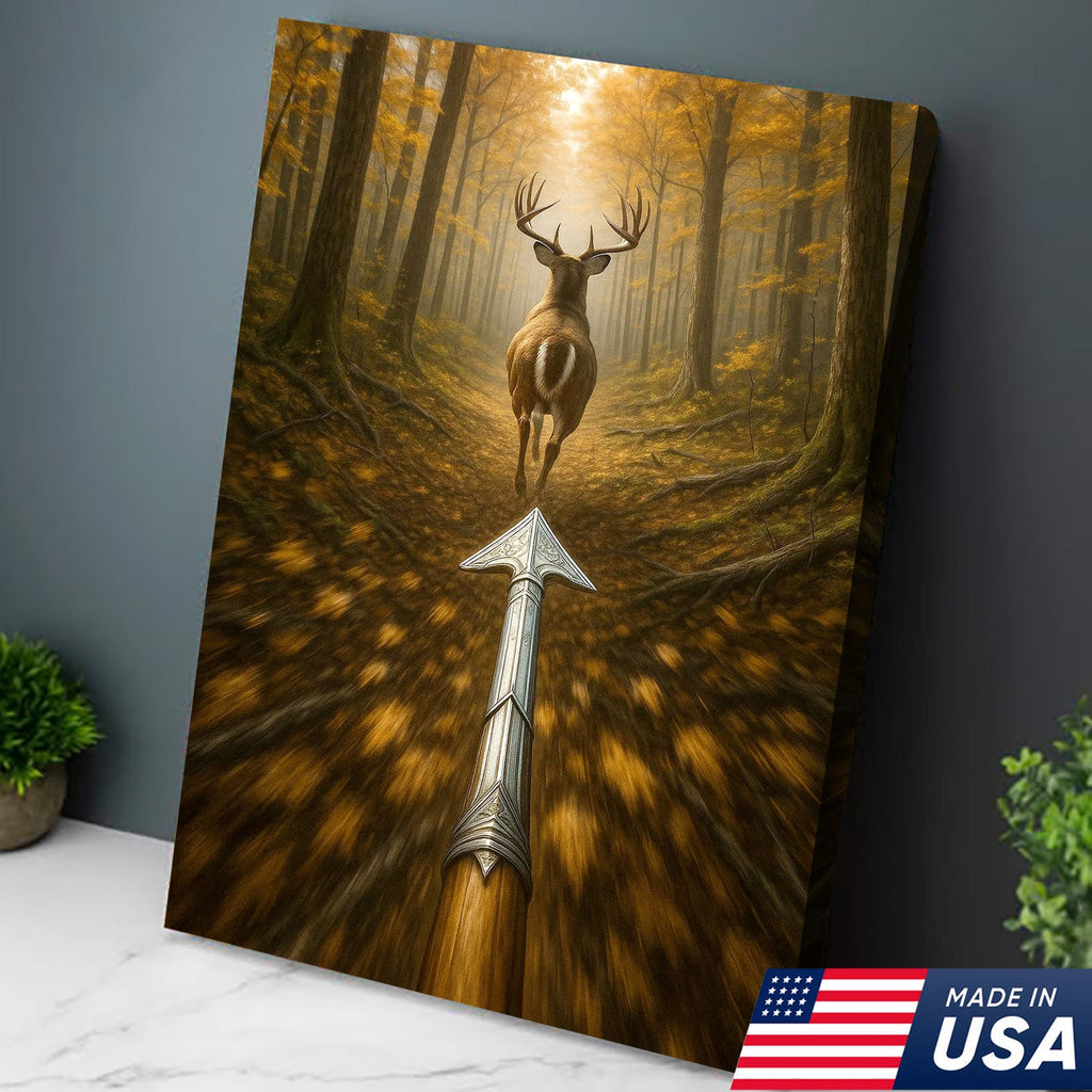 Deer Bow Hunting Canvas Wall Art, Arrowhead Forest Scene Artwork, Rustic Cabin Decor for Hunters