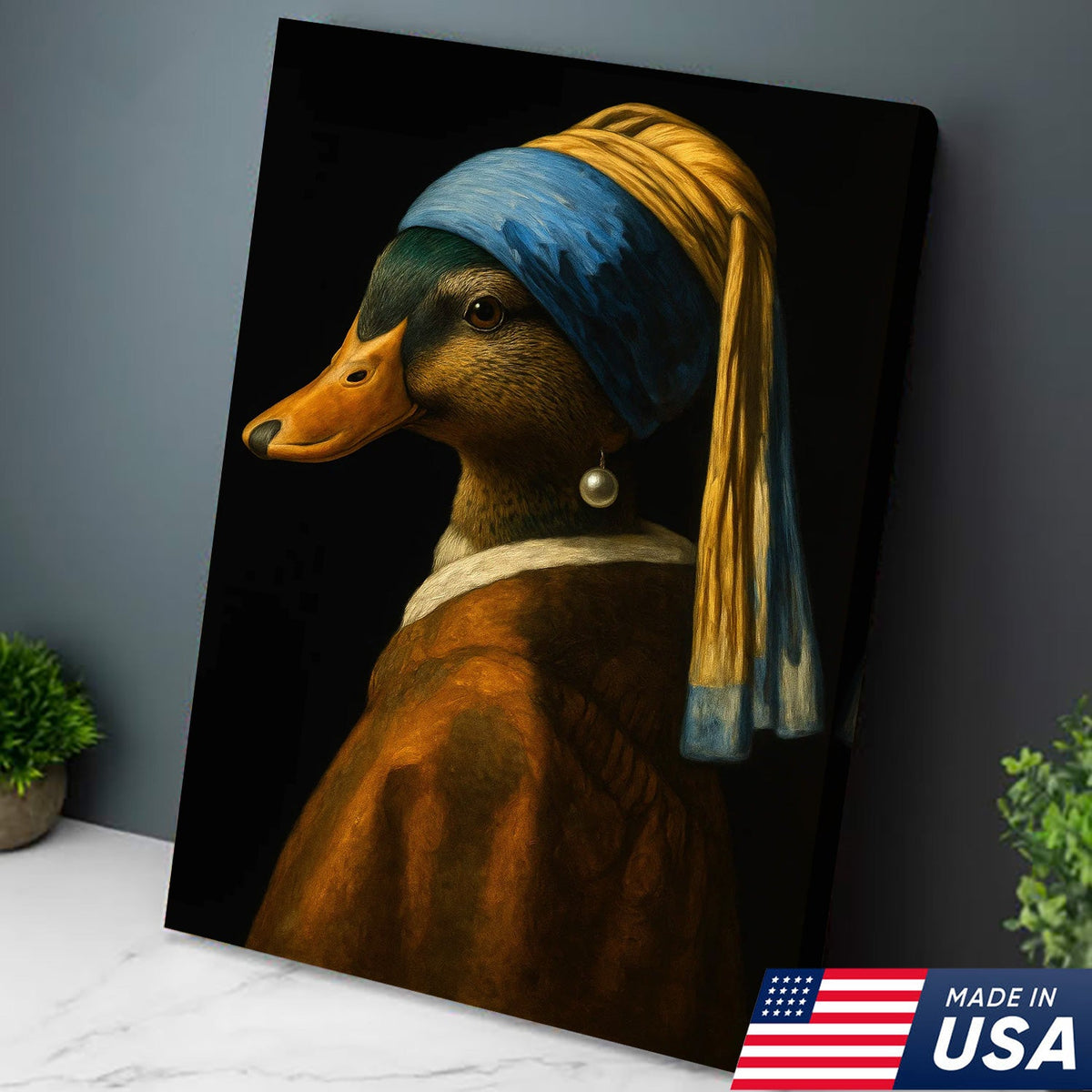 Duck with Pearl Earring Portrait Canvas, Funny Parody Duck Wall Art