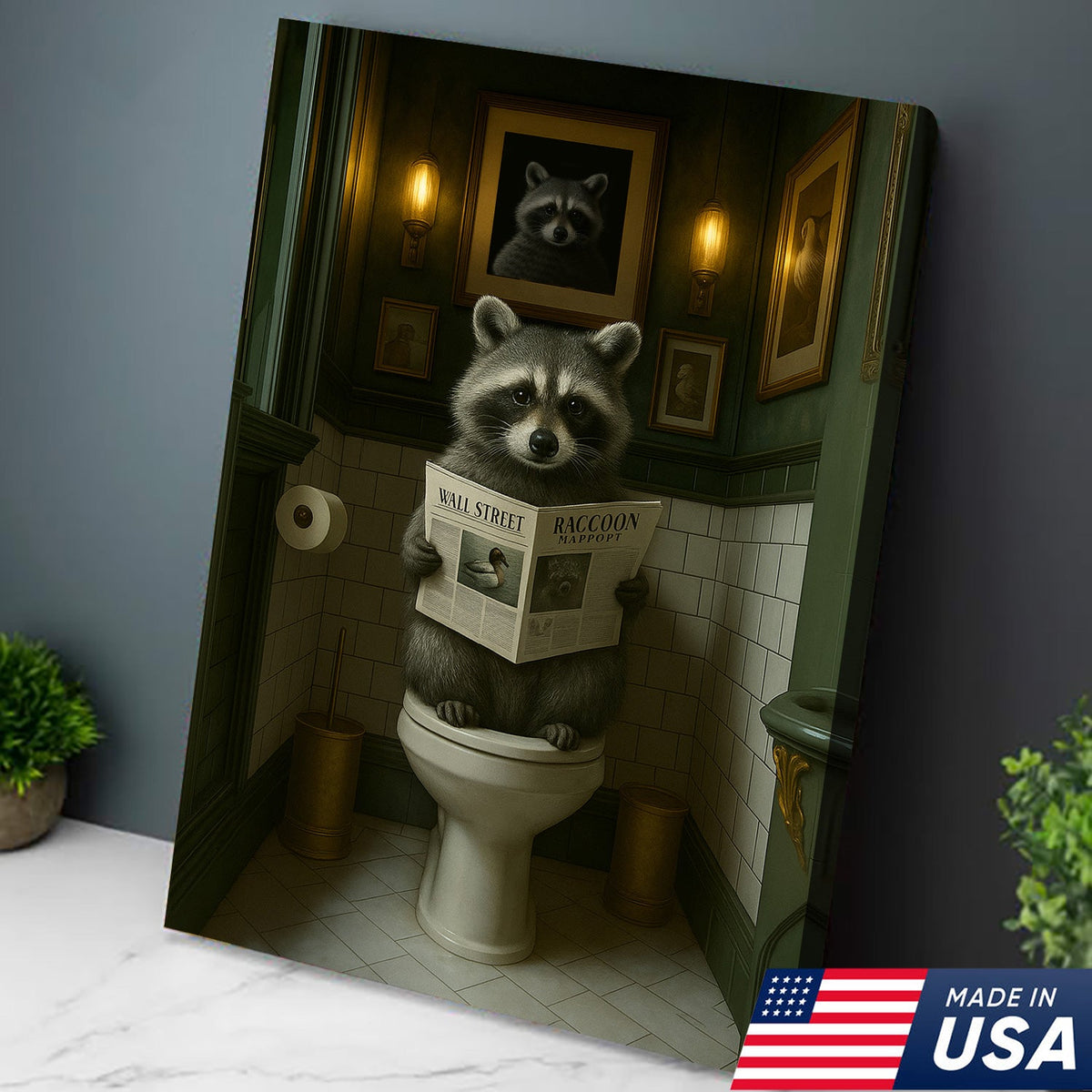 Funny Raccoon Bathroom Wall Art – Rustic Toilet Humor Cabin Canvas Decor