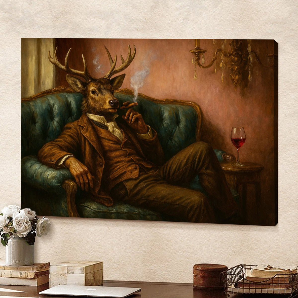 Deer Gentleman Canvas Wall Art – Dapper Buck in Suit on Teal Sofa, Vintage Lounge Portrait