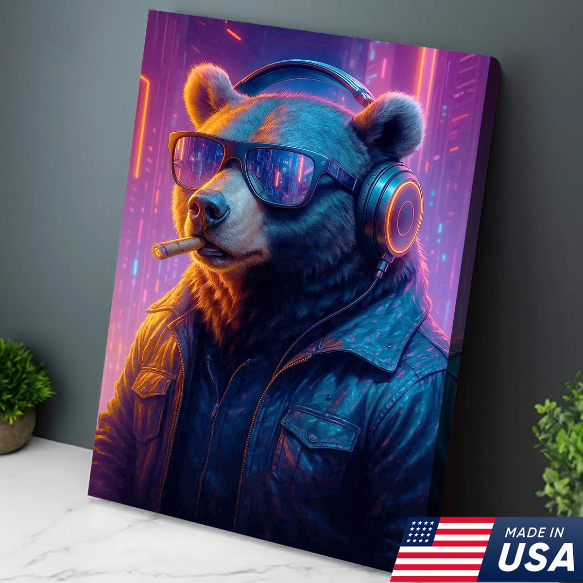 Cyberpunk Bear Wall Art Canvas, Cool DJ Bear with Headphones Neon City Decor