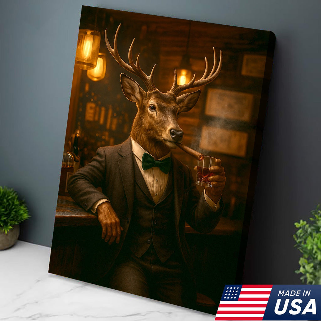 Deer Gentleman Wall Art – Classy Drinking & Smoking Canvas for Bar, Lodge & Man Cave Decor
