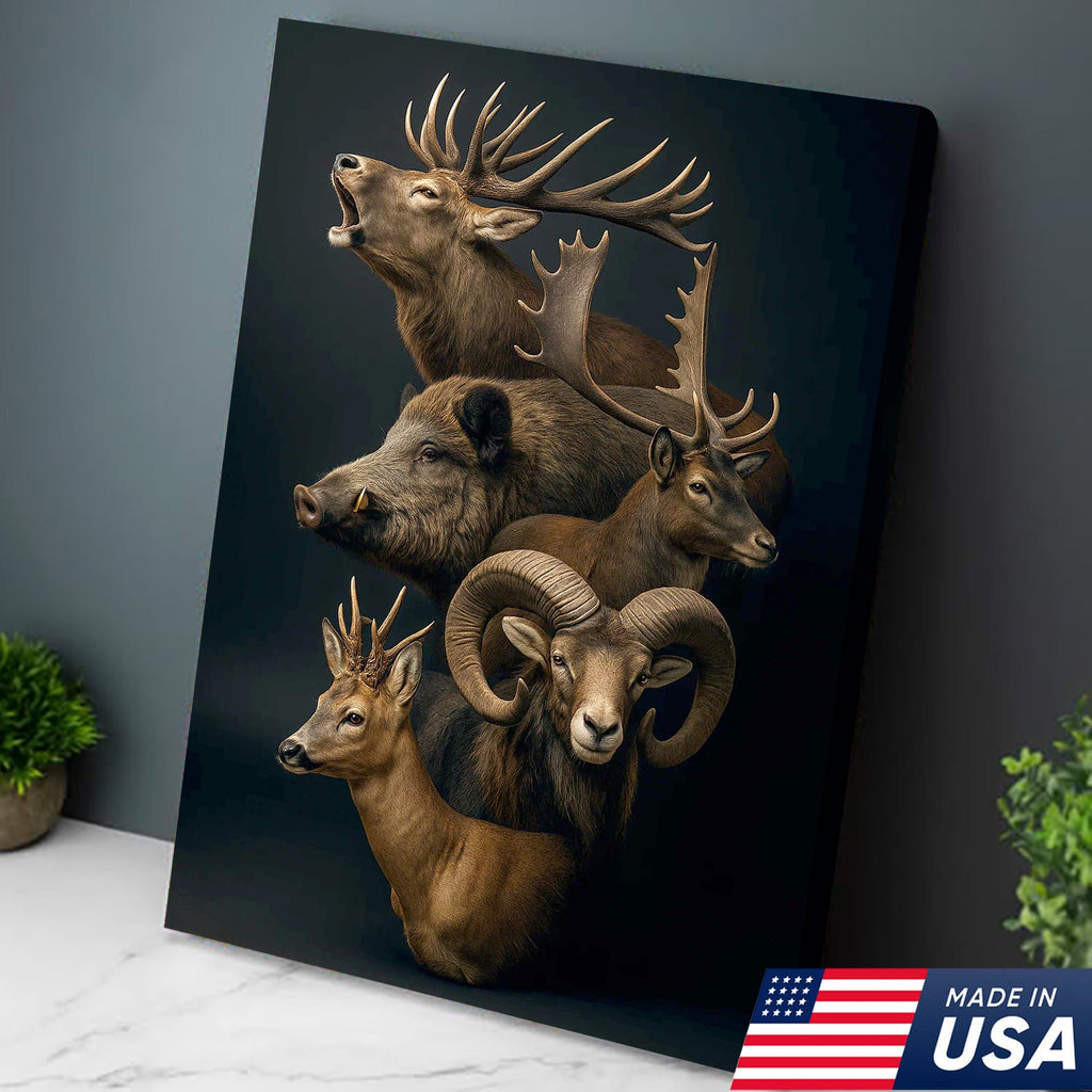 Wild Game Animal Canvas Wall Art, Deer Boar Ram Elk Artwork, Rustic Cabin Decor for Hunters
