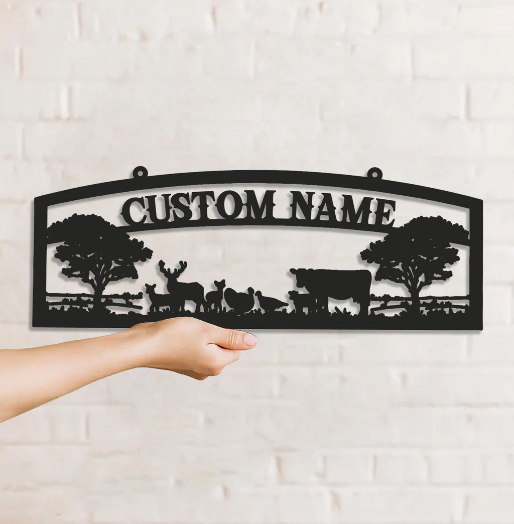 Personalized Farm Metal Sign WITH LED/WITHOUT LED - Rustic Ranch Name Sign with Livestock, Deer & Trees