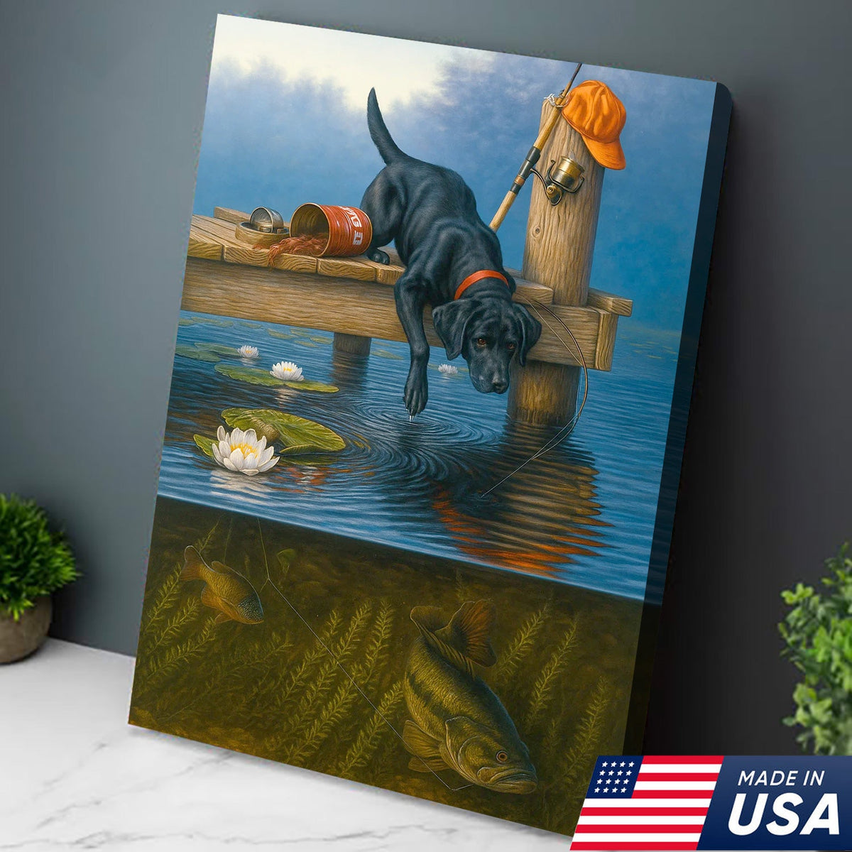 Black Lab Fishing Dock Canvas Wall Art, Lake House Decor, Bass Fish Underwater Split View