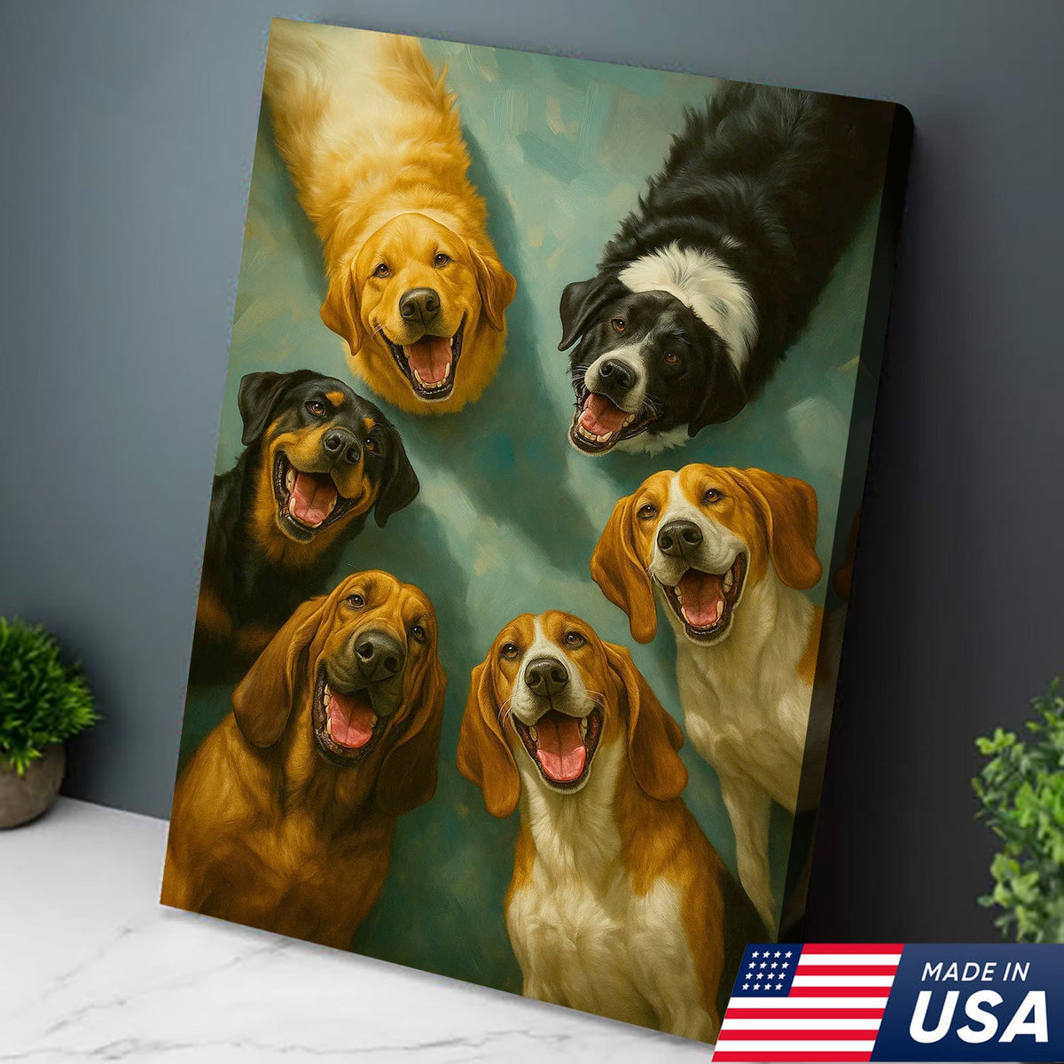Happy Dogs Wall Art Canvas, Funny Smiling Dog Portrait Painting