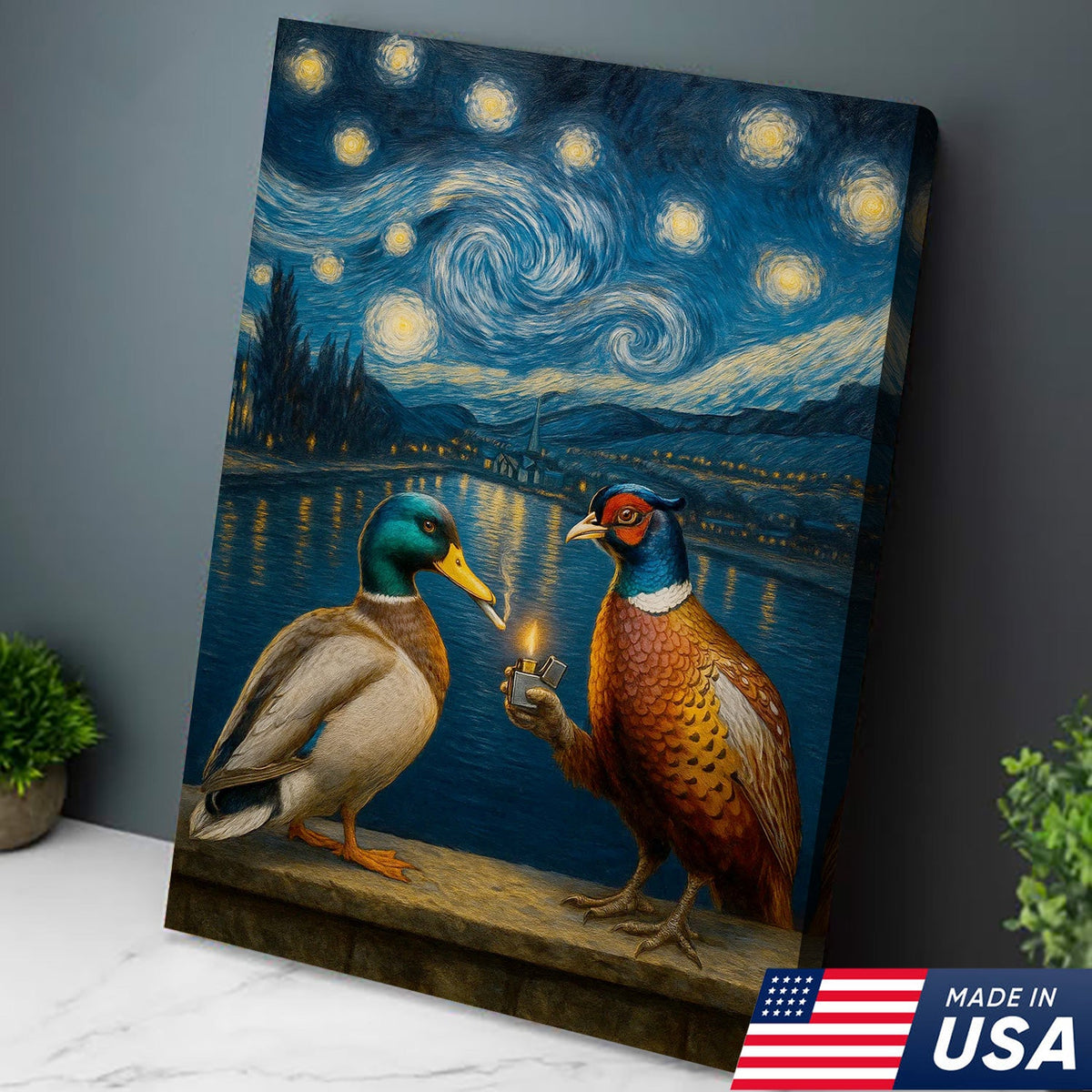 Starry Night Duck and Pheasant Canvas Wall Art, Van Gogh Inspired Wildlife Painting