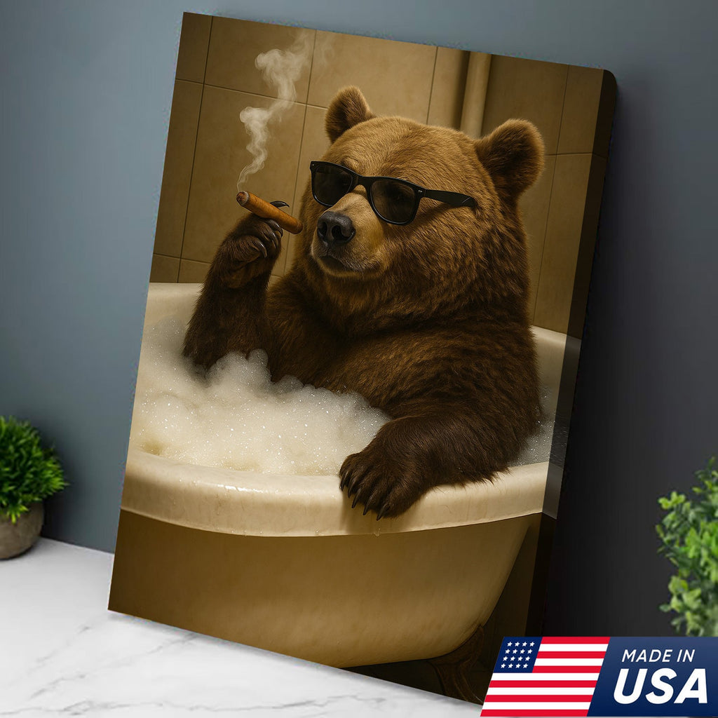 Cool Bear Canvas Wall Art – Funny Relaxing Bathtub Gift for Hunters & Outdoorsmen