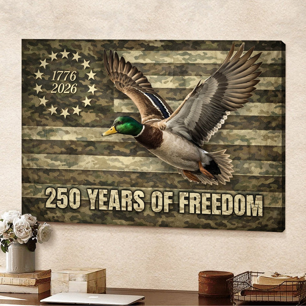 250 Years of Freedom Duck Canvas, Patriotic Hunting Wall Art, USA Flag Decor