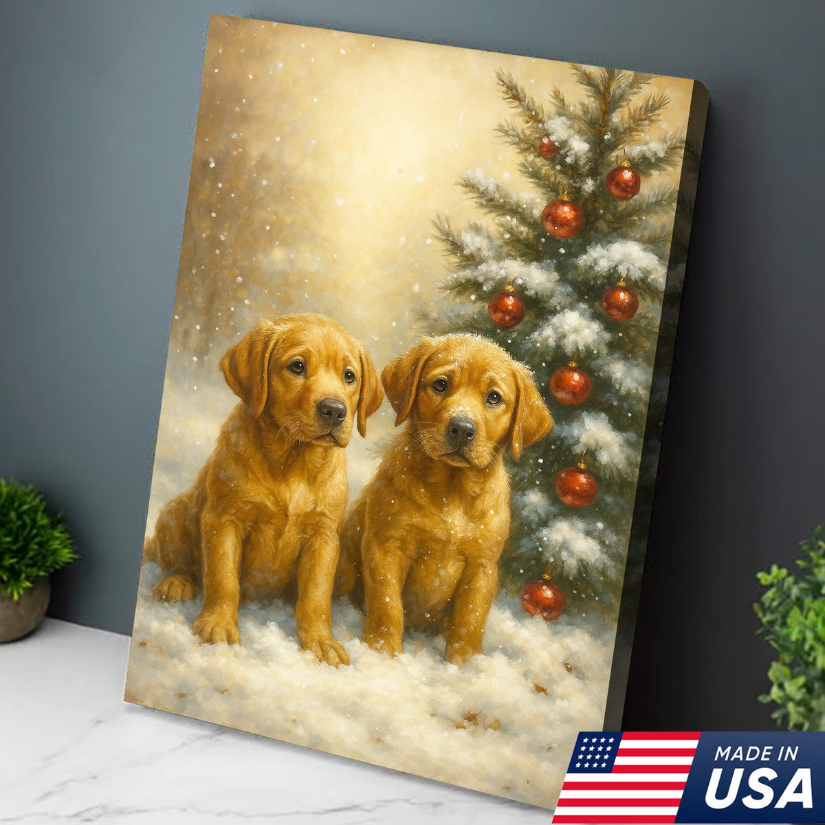 Christmas Golden Puppies Canvas Wall Art – Cute Labrador Dog Holiday Canvas Print