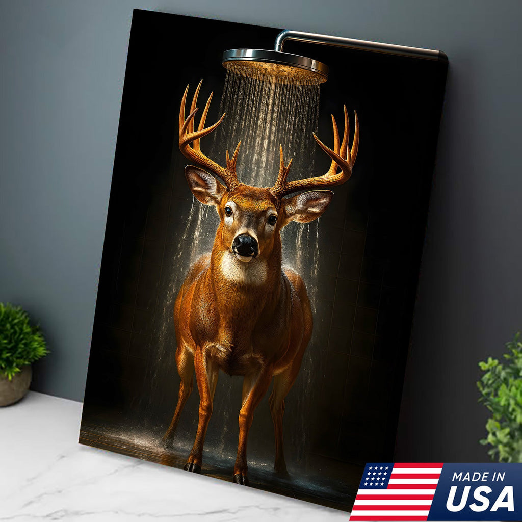 Funny Deer Shower Canvas Wall Art, Whimsical Buck Bathroom Decor