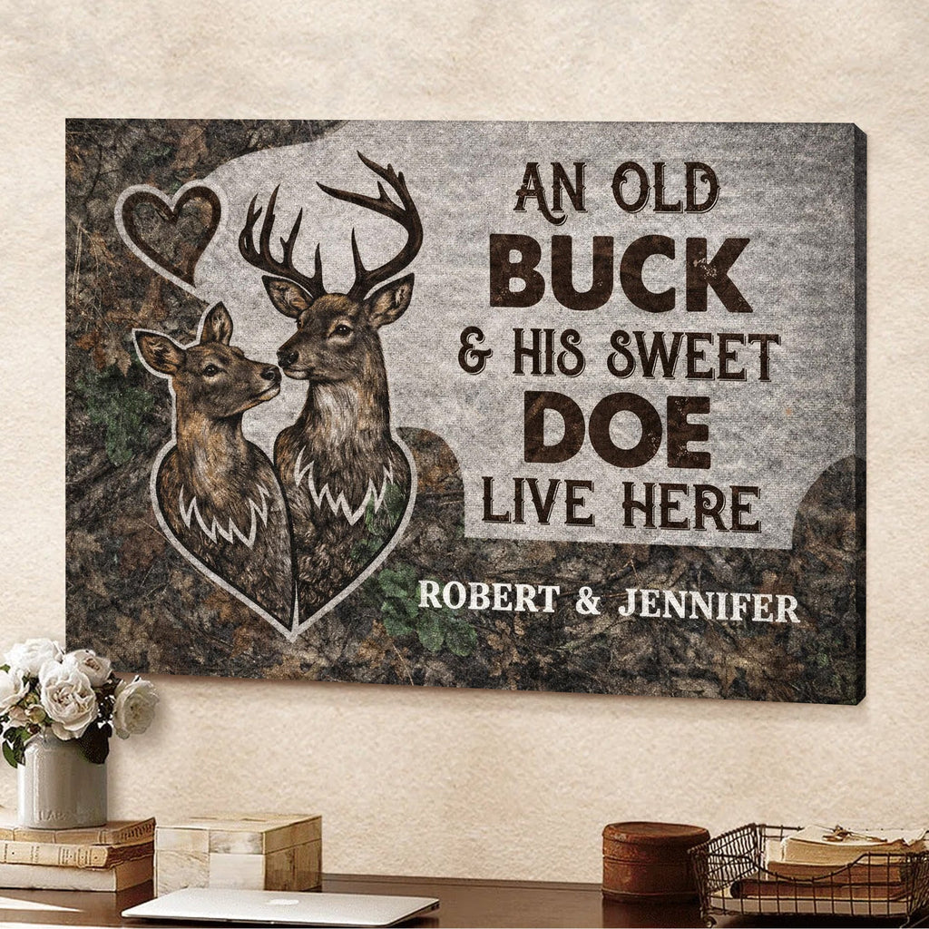 Personalized Old Buck and Sweet Doe Canvas Wall Art, Custom Deer Couple Rustic Woodland Love Decor