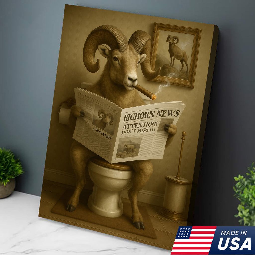 Bighorn Sheep Reading Newspaper Canvas – Funny Bathroom Wall Art for Rustic Cabin