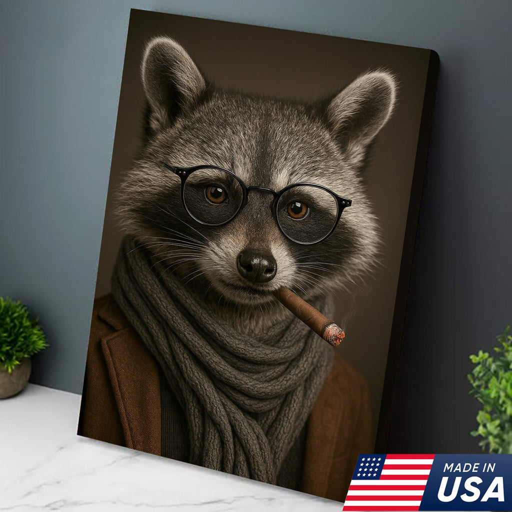 Gentleman Raccoon Cigar Wall Art Canvas – Stylish Animal Portrait for Bar