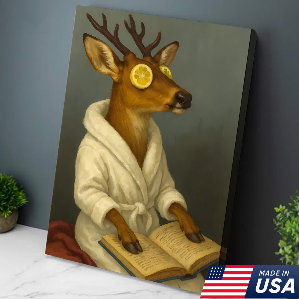 Funny Deer Spa Portrait Wall Art – Relaxing Deer With Lemon Eyes, Whimsical Animal Painting