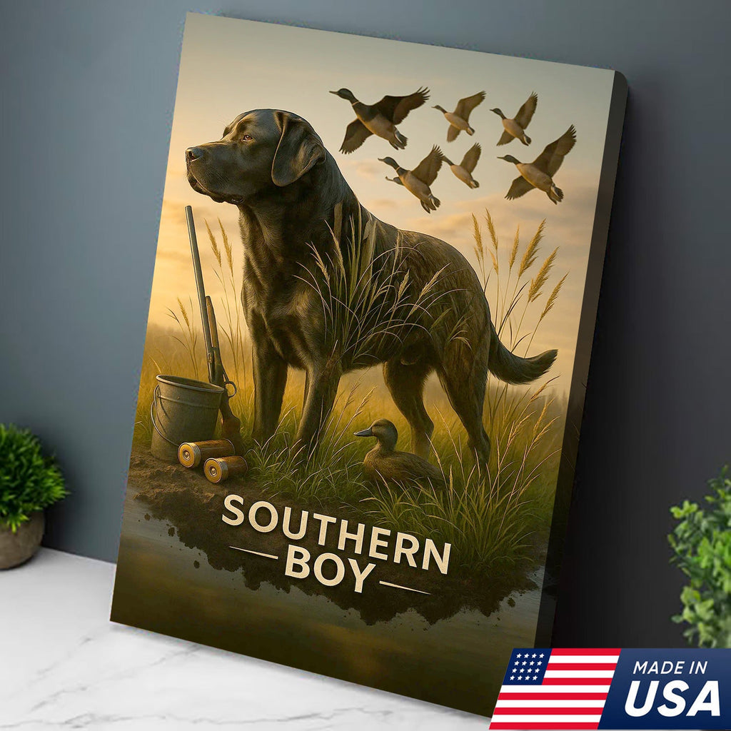 Black Lab Duck Hunting Canvas Wall Art, Labrador Retriever Waterfowl Print