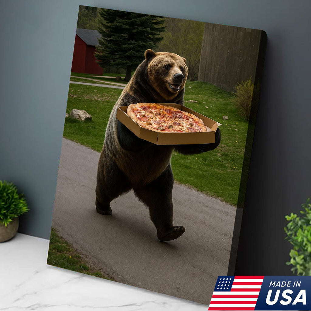 Funny Bear Pizza Canvas Wall Art, Humorous Kitchen Foodie Decor Print