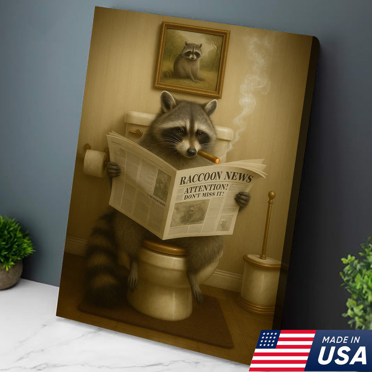 Funny Raccoon Bathroom Canvas Wall Art – Rustic Lodge Cabin Decor Toilet Humor