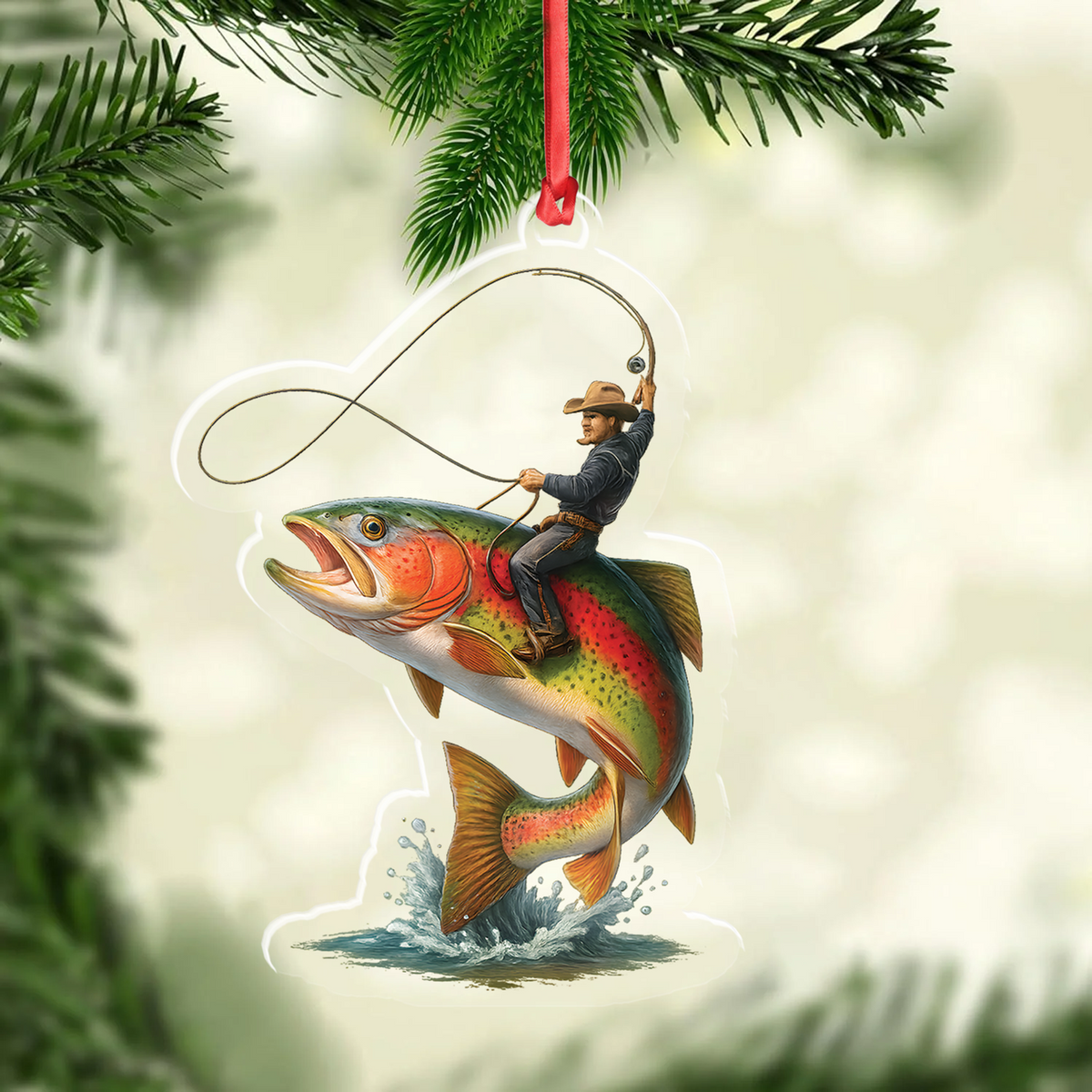 Personalized Funny Fishing Acrylic Ornament – Cowboy Riding Fish Christmas Decoration for Fishermen