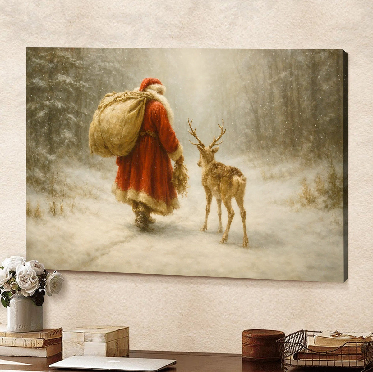 Vintage Santa and Reindeer Canvas Wall Art, Rustic Snowy Forest Christmas Scene