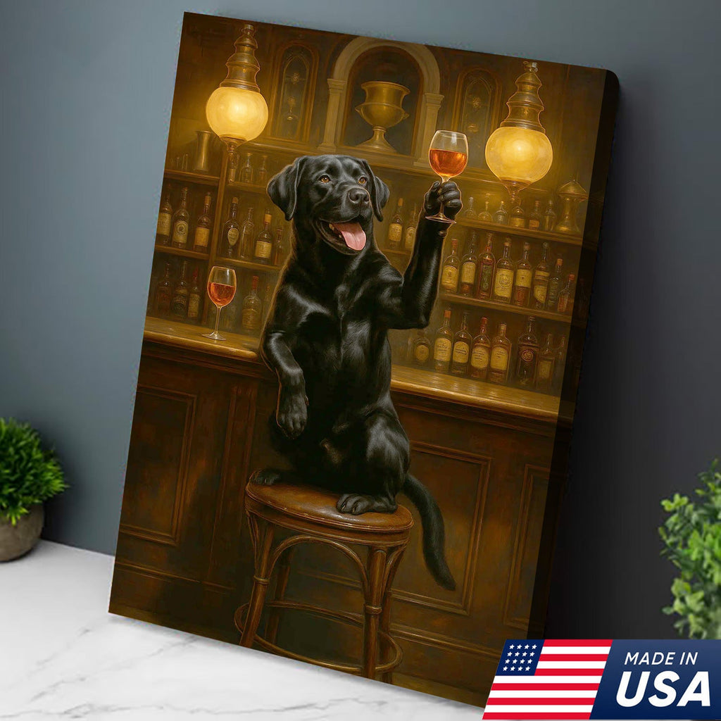 Bar Dog Canvas Art – Cheerful Black Labrador Raising a Fancy Drink