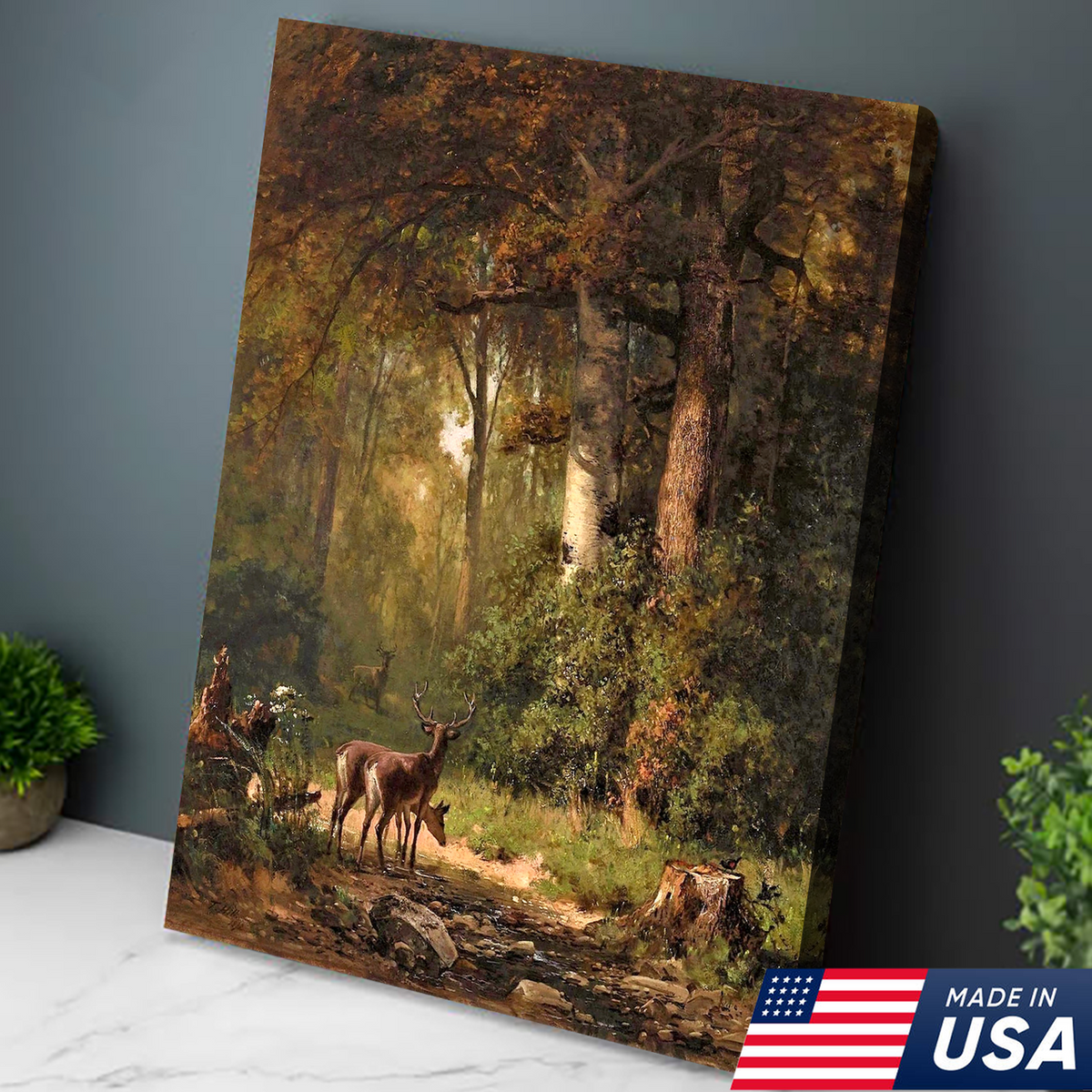 Deer Forest Canvas Wall Art, Vintage Woodland Stag Painting with Sunlit Creek