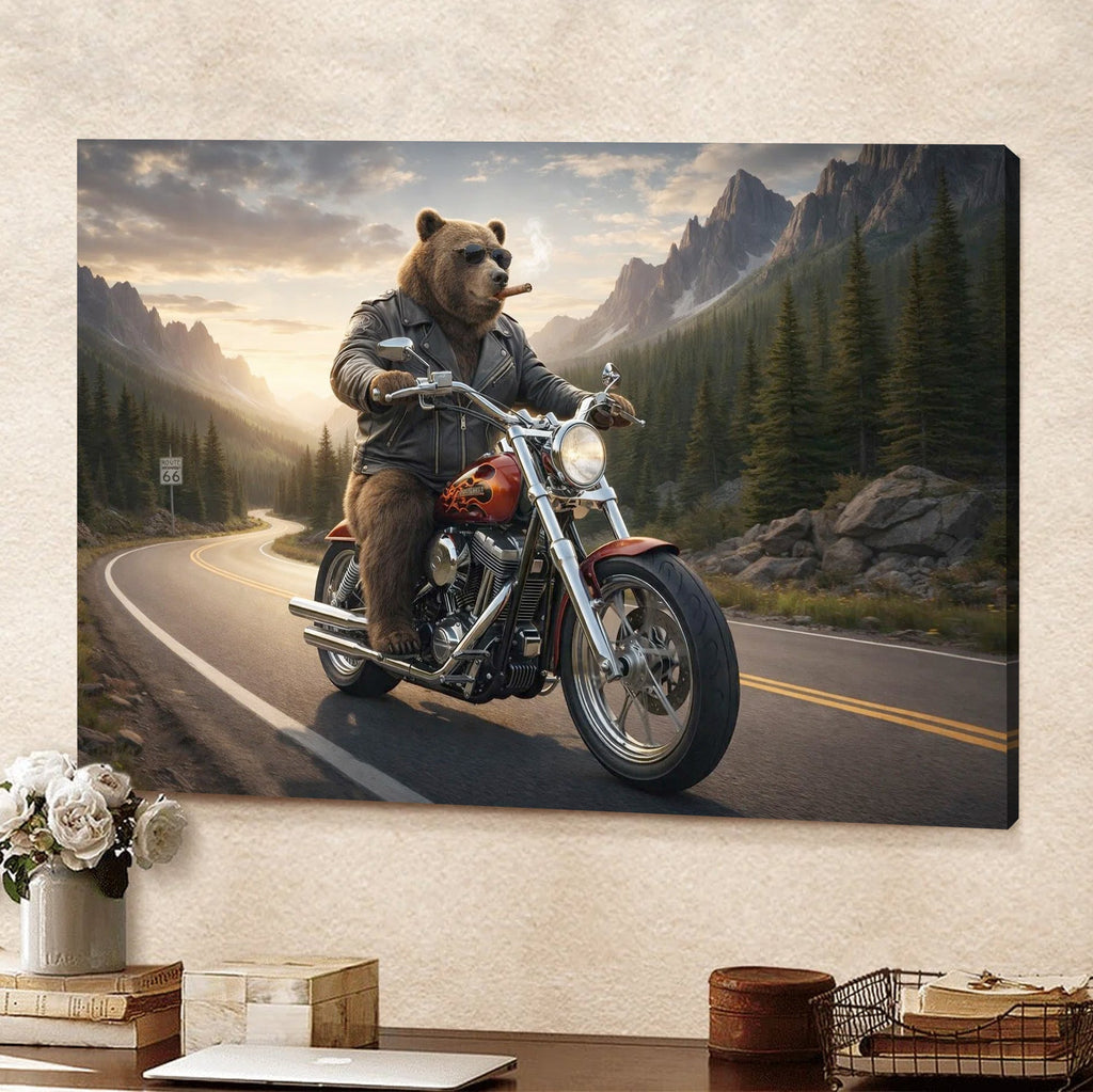 Cool Biker Bear Canvas Wall Art, Motorcycle Bear Riding Scenic Mountain Highway