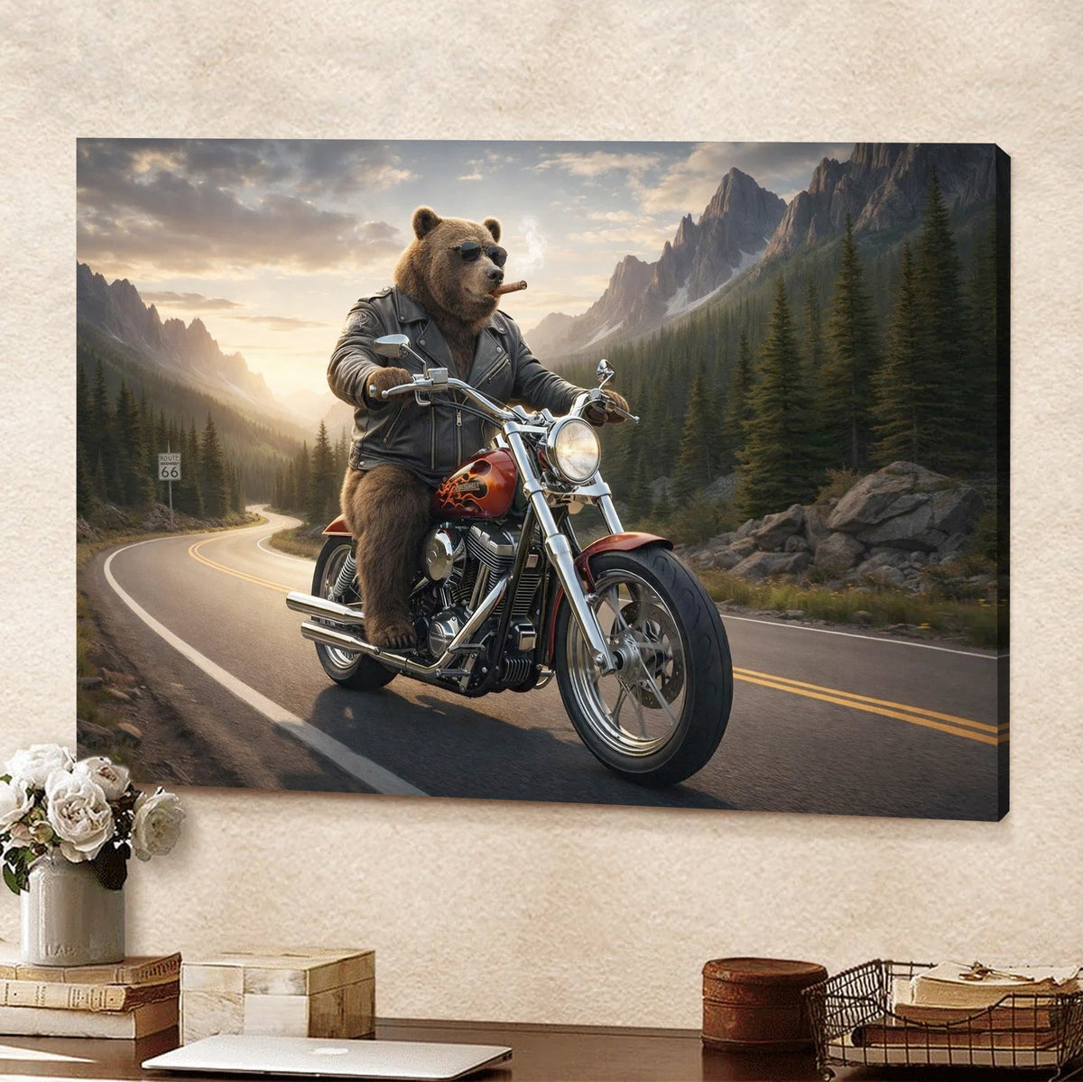 Cool Biker Bear Canvas Wall Art, Motorcycle Bear Riding Scenic Mountain Highway