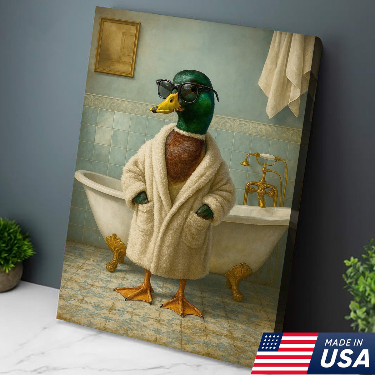 Bathrobe Duck Canvas Art – Cool Duck in Cozy Robe with Sunglasses