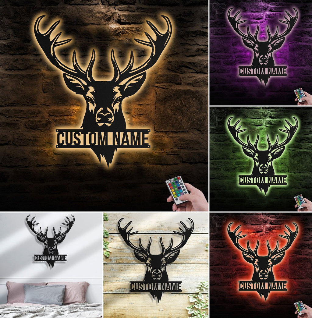 Personalized Deer Head Metal Sign WITH LED/WITHOUT LED – Rustic Hunting Cabin Wall Decor