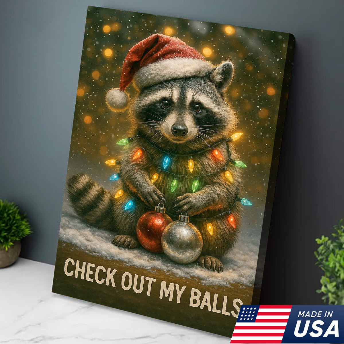 Funny Christmas Raccoon Canvas Art – Cute Holiday Raccoon with Lights & Ornaments