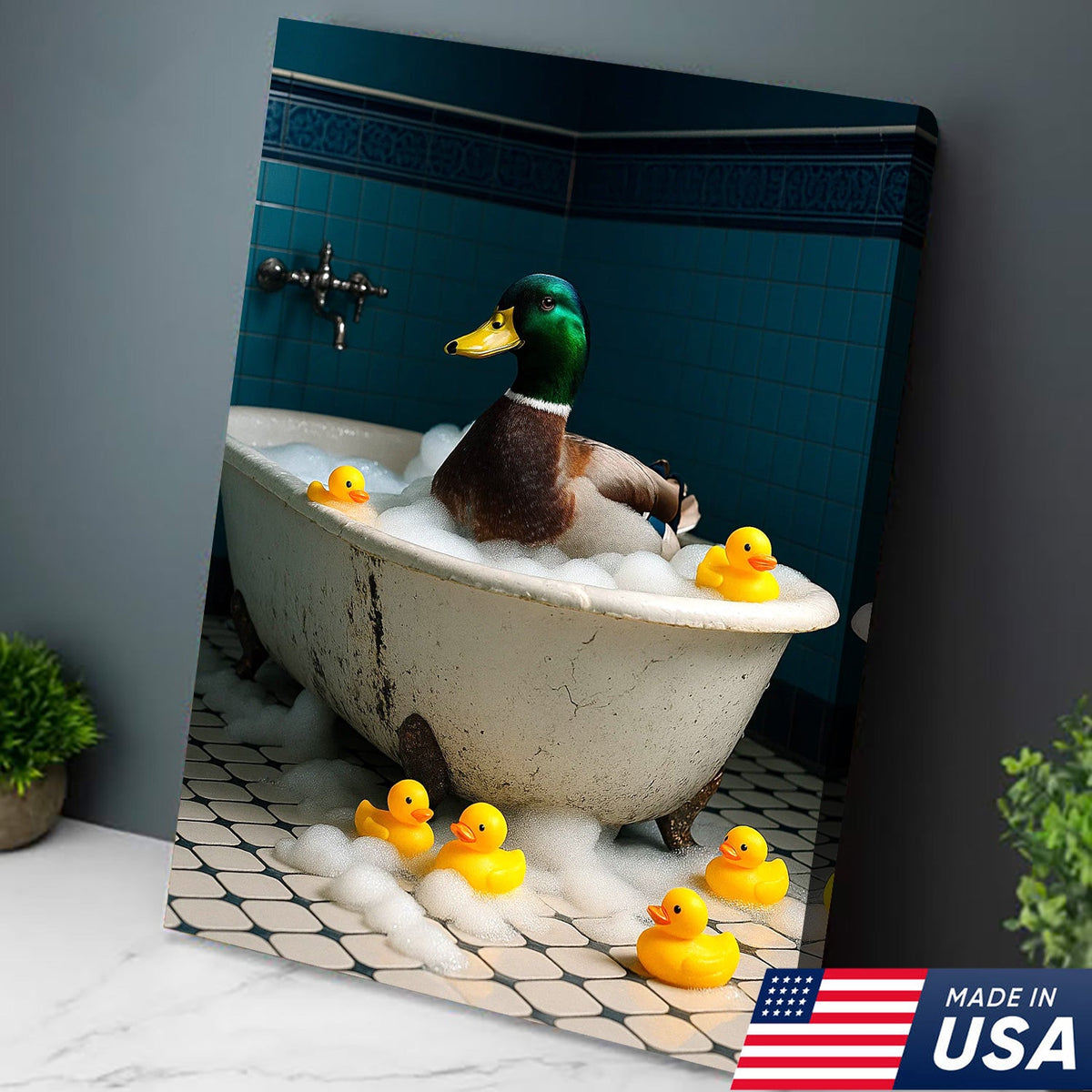 Bubble Bath Duck Canvas Art – Funny Duck in Foamy Tub with Rubber Ducklings