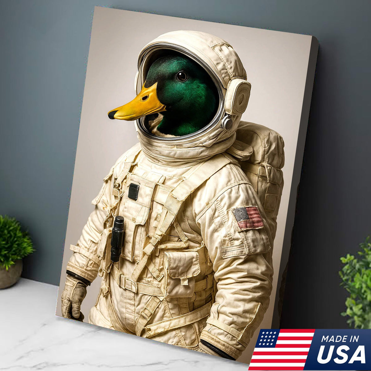 Astronaut Duck Canvas Art – Space Explorer Duck in Full Spacesuit, Whimsical Animal Wall Decor