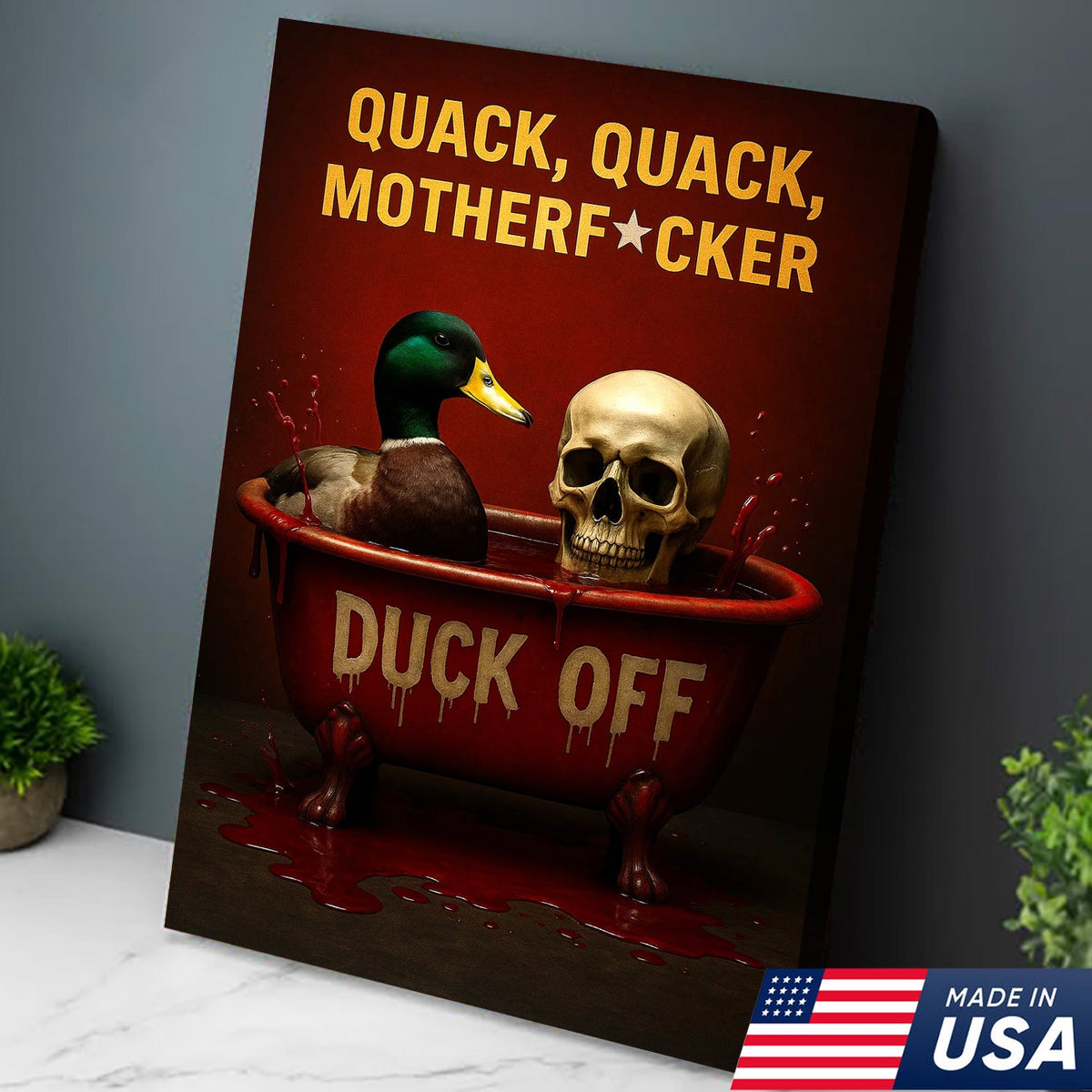 Dark Humor Duck Canvas Art – Savage Duck in Bloody Tub with Skull, Horror-Style “Duck Off” Wall Decor