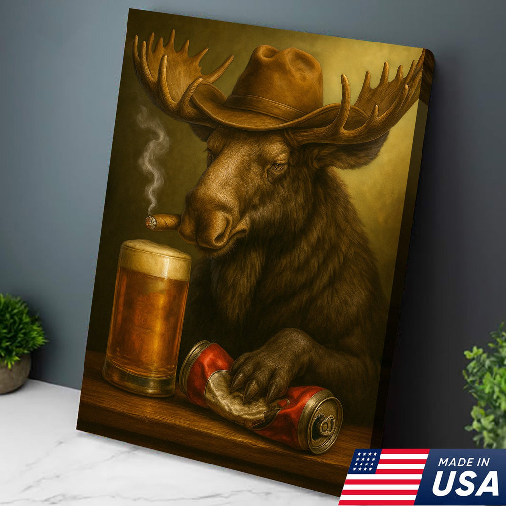 Rustic Cowboy Moose Beer Canvas – Funny Bar Wall Art Gift for Hunters, Cabin Decor & Man Caves