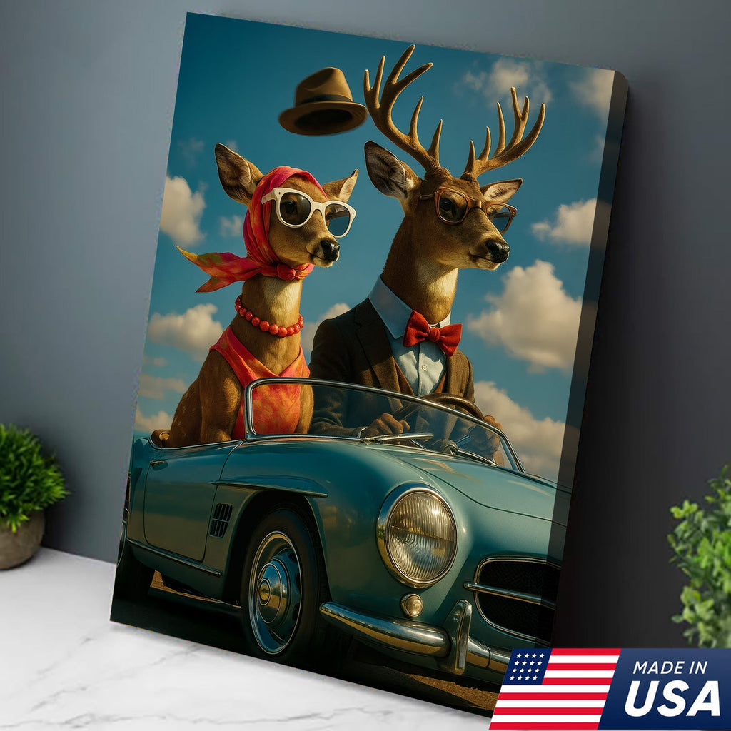 Retro Deer Couple Driving Canvas – Funny Buck & Doe in Convertible, Vintage Wall Art